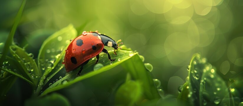 A Ladybug Resting on a Dewy Leaf at Dawn