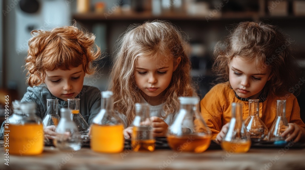 Poster children experimenting with liquids in a science setting.
