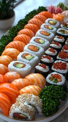 A vibrant assortment of sushi featuring various types of nigiri and rolls, beautifully arranged on a platter. Fresh ingredients highlight the artistry of Japanese cuisine.