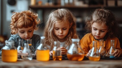 Fototapeta premium Children experimenting with liquids in a science setting.