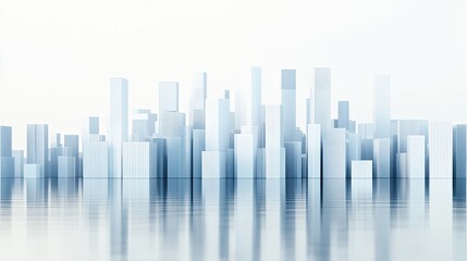 Obraz premium Minimalistic digital city skyline made of geometric squares with blue skyscrapers and reflections in water, set against a white background, symbolizing modern urban design and corporate architecture.