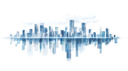 Obraz premium Minimalistic digital city skyline made of geometric squares with blue skyscrapers and reflections in water, set against a white background, symbolizing modern urban design and corporate architecture.