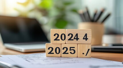 Wooden blocks with 2024 and 2025 on a desk with laptop and paperwork.