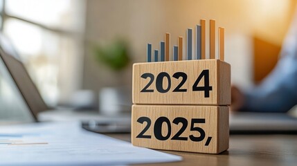 Wooden blocks with 2024 and 2025 with a bar graph above on a desk.