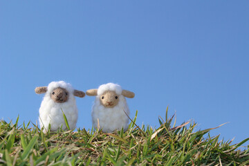 青空と2匹の羊毛フェルトのヒツジと芝生