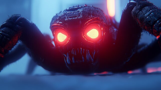 A close-up of a menacing robotic spider with glowing red eyes.