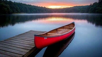 Naklejka premium Red Canoe on Wooden Dock at Sunrise Lake
