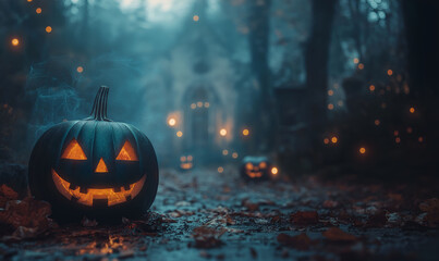 Fototapeta premium The mystical Halloween background. Halloween decorations, pumpkins jack-o-lantern in the night forest.