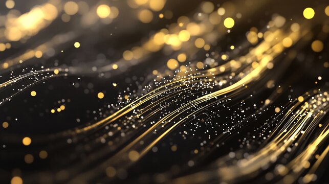 flowing threads of aurous brilliance, opulent ebony backdrop, glittering stellar dust, majestic radiance, professional visualization