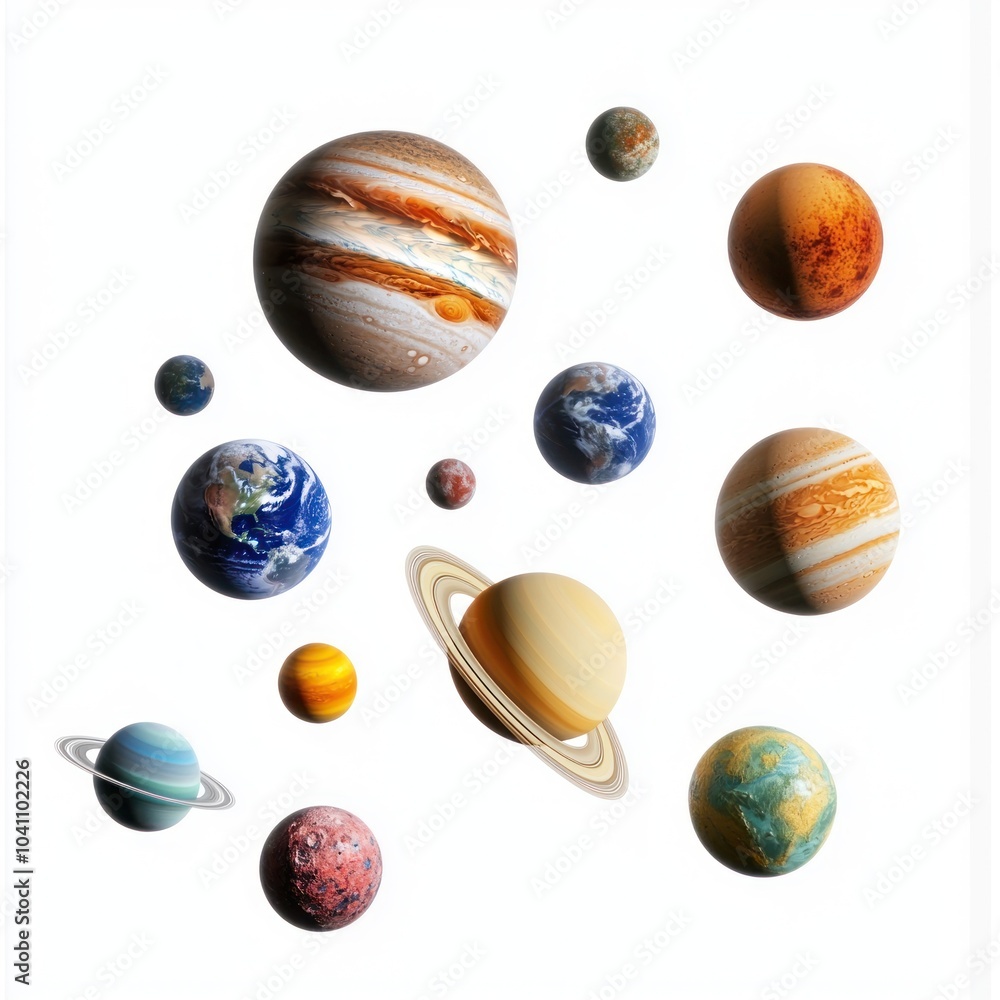 Poster space planets: a group of colorful planets floating in space, isolated on a white background. isolat
