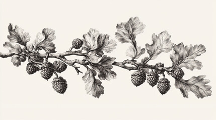 A detailed drawing of an oak branch with acorns. The style is like an old-fashioned engraved picture, with a rough, scratched look.