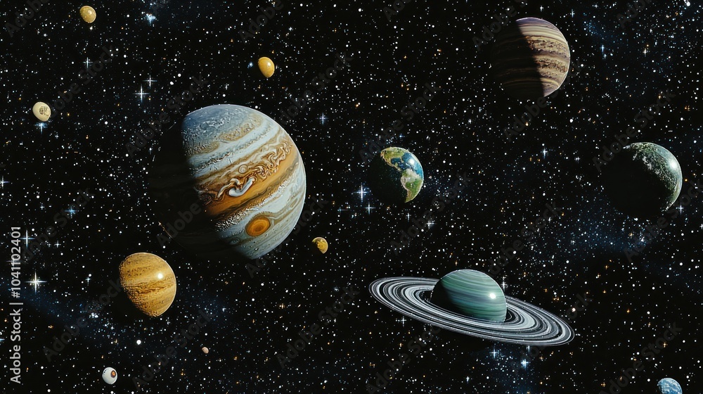 Poster a set of planets floating in deep space with stars in the background, highlighting their unique text