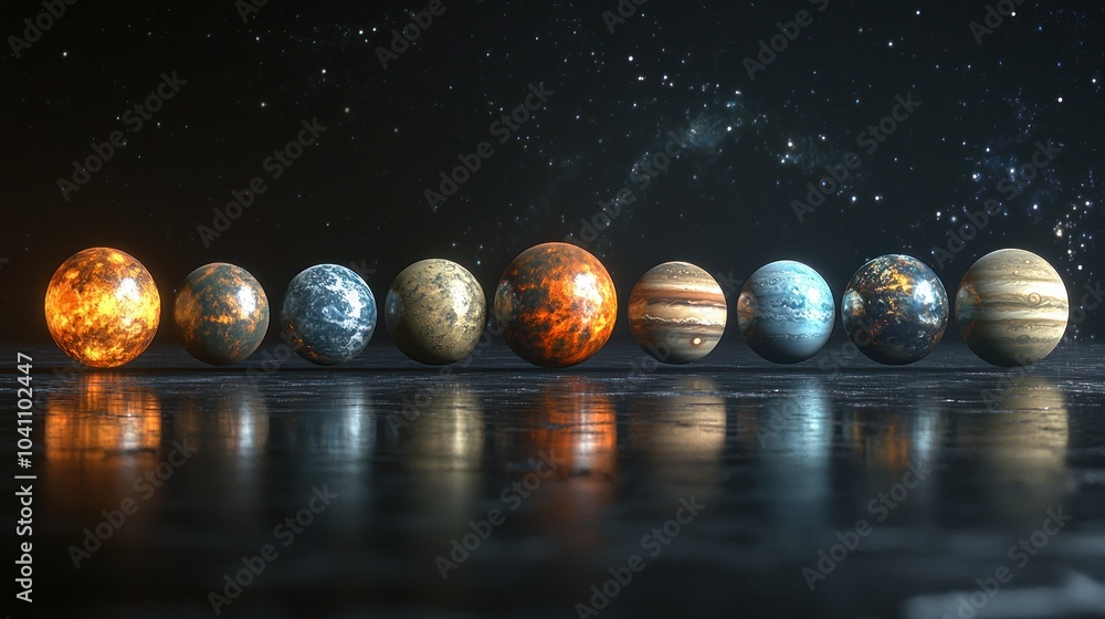Poster a lineup of all the planets in the solar system from mercury to neptune, each with its unique colors
