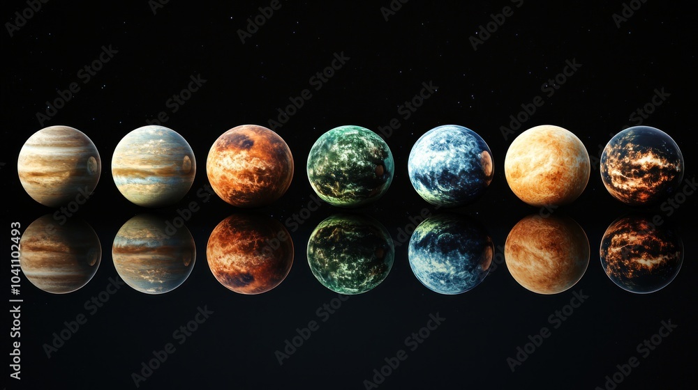 Poster a lineup of all the planets in the solar system from mercury to neptune, each with its unique colors