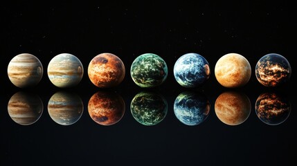 A lineup of all the planets in the solar system from Mercury to Neptune, each with its unique...