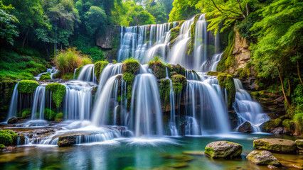Naklejka premium waterfall in the forest. waterfall, water, nature, river, stream, falls, forest, landscape, cascade, rock, fall, stone, flowing, park, spring, green, beautiful, natural, rocks, creek, flow, woods, sum