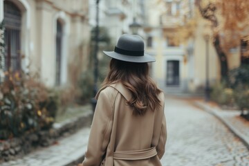 Obraz premium A stylish woman walks down a cobblestone street, her back to the camera, wearing a tan coat and a black hat
