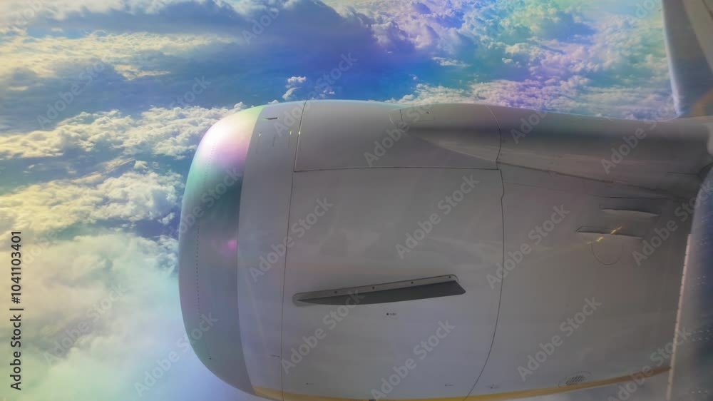 Poster vibrant sky view from a plane window, focusing on the jet engine and clouds illuminated by sunlight.
