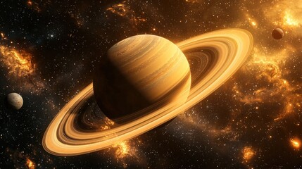 The majestic Saturn with its iconic rings, captured in a wide view from space, showing the planet&acirc;&euro;&trade;s yellow and brown hues.