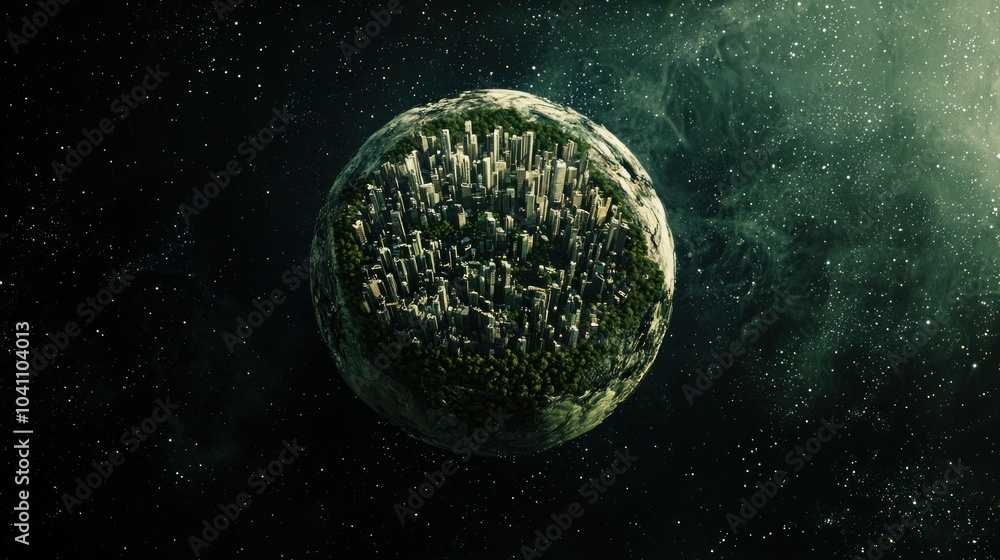 Poster a tiny spherical planet floating in space, resembling a small city or forest on its surface.