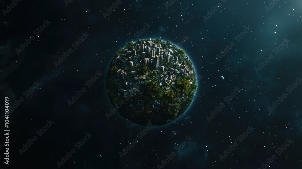 Poster a tiny spherical planet floating in space, resembling a small city or forest on its surface.