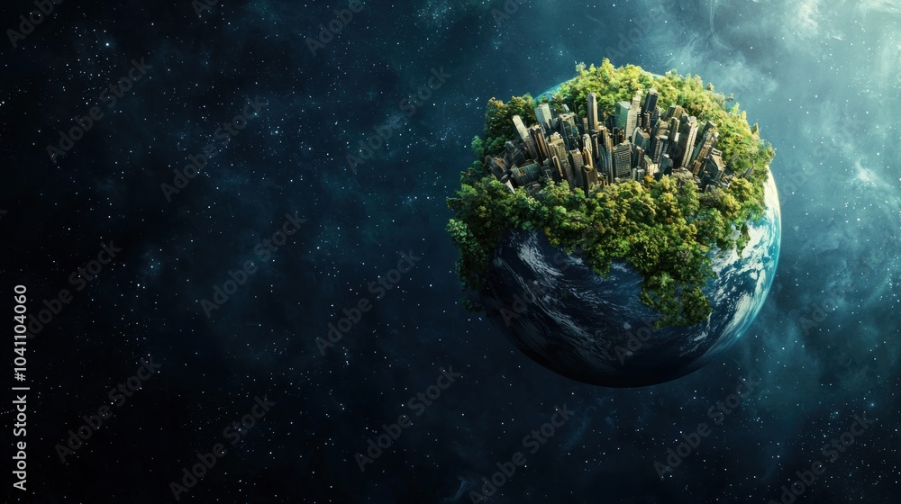Poster a tiny spherical planet floating in space, resembling a small city or forest on its surface.