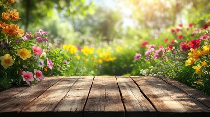 Wooden table top with blurry background of colorful flowers in a sunny garden.