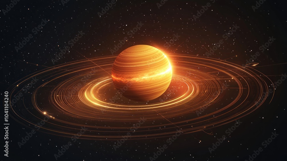 Poster a vector graphic of a planet surrounded by orbit lines, symbolizing science and space exploration.