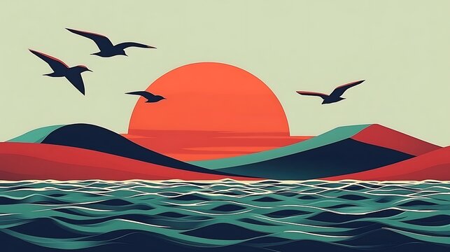 Birds soaring over a flat rural landscape, gentle hills, soft blue sky, clean lines and simple geometric shapes, calm and serene atmosphere, minimalist design, hd quality. --ar 16:9 --sref https://s.