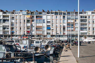 Toulon, France - July 10, 2024 : Constructivist buildings in Toulon on the seafront