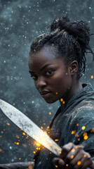 Naklejka premium A young Black woman carefully sharpening a large hunting knife on a spinning stone, sparks illuminating her face