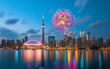 Obraz premium Toronto Skyline with Fireworks at Night