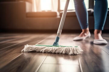 A young woman mops the hardwood floor of her home during the day, preparing her living space for guests