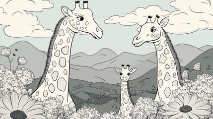 A family of giraffes stand in a field of flowers against a mountain backdrop.
