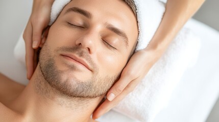 Relaxed man receiving a soothing facial massage in a serene spa environment.