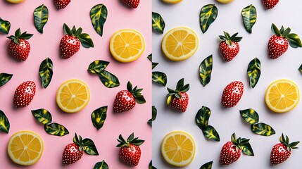 A flat lay with strawberries, lemon slices, and green leaves arranged in a repeated pattern on a pink and white background.