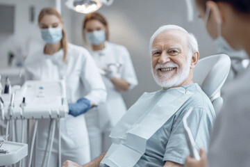 Obraz premium Elderly man smiling in dental clinic, dentist and assistants in background 