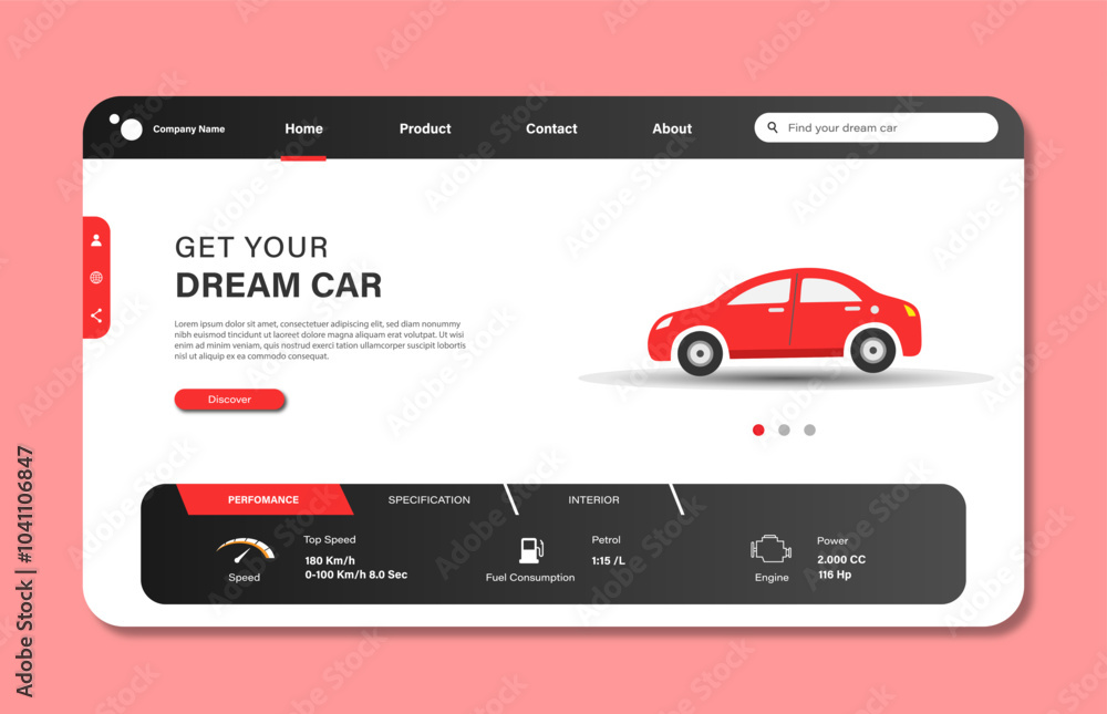 Poster car dealer website landing page. graphical user interface for website page