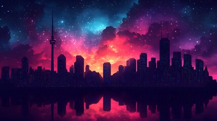 A vibrant watercolor night sky filled with fireworks over a city, with soft reflections on nearby water surfaces