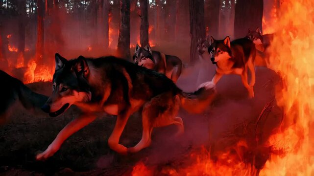 A pack of wolves runs through the forest trying to escape a fast-moving wildfire, with intense flames in the background.