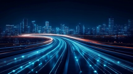 A long exposure shot of a highway with glowing trails of light leading toward a city skyline.