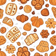 seamless pattern of pumpkin-shaped treats and baked goods