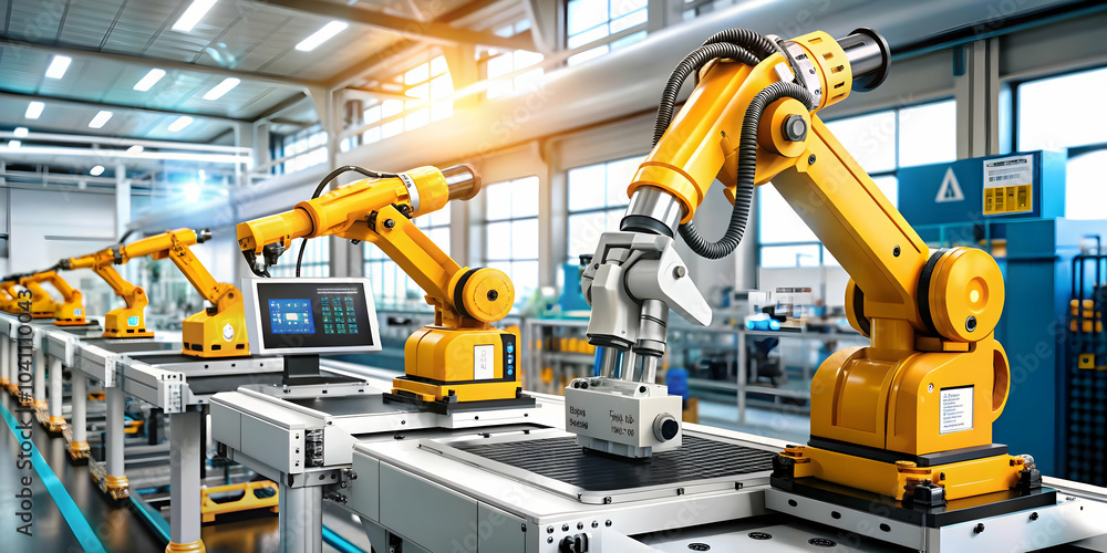 Poster environment shot of factory workers using ai machinery, showcasing ai integration in manufacturing w