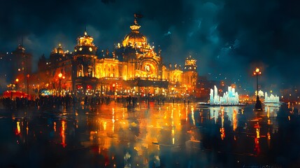 Obraz premium Watercolor painting of the Harbin Ice Festival, with glowing ice sculptures and vibrant lights reflecting off the frozen structures