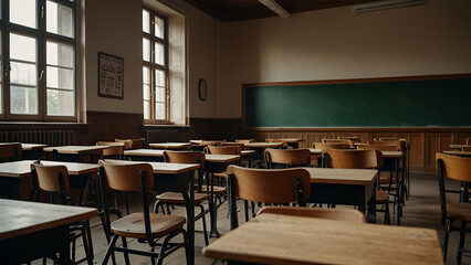 Desks and chairs in an empty classroom