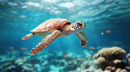 Obraz premium Sea turtle swimming gracefully in a vibrant coral reef underwater scene.