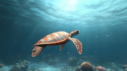 Obraz premium Sea turtle swimming gracefully in clear blue ocean water.