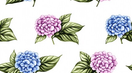 Vibrant Floral Pattern Featuring Hydrangeas in Blue and Pink Shades