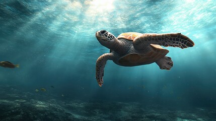 Obraz premium Sea turtle swimming gracefully under water with sunlight rays filtering through.