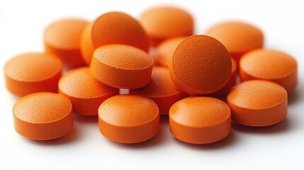 A collection of round orange tablets arranged on a white surface with natural lighting highlighting their texture and color